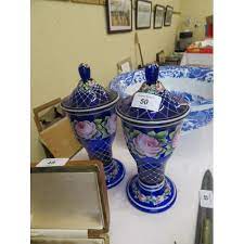 Pair Of Painted Bristol Blue Glass Urns