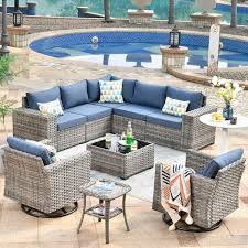Marvel Gray 9 Piece Wicker Wide Arm Patio Conversation Set With Denim Blue Cushions And Swivel Rocking Chairs