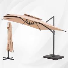 Phi Villa 10 Ft X 10 Ft Aluminum Frame Offset Cantilever Patio Umbrella With Double Tier Sy In Beige