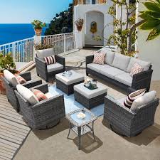 Megon Holly Gray 8 Piece Wicker Patio Conversation Seating Sofa Set With Beige Cushions And Swivel Rocking Chairs