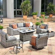 Hooowooo Tahoe Grey 9 Piece Wicker Patio Rectangle Fire Pit Conversation Sofa Set With A Swivel Chair And Striped Grey Cushions