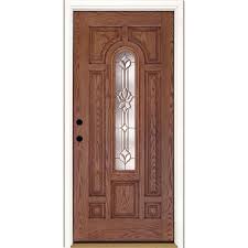 Feather River Doors 37 5 In X 81 625 In Medina Brass Center Arch Lite Stained Medium Oak Right Hand Inswing Fiberglass Prehung Front Door Oak