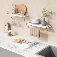 Dyiom Floating Shelves Bathroom Shelves Over Toilet Set Of 2 Decorative Wall Shelves For Bathroom With Gold Towel Bar