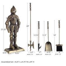 3 Piece Fireplace Tool Set And Medieval Knight Stand With Decorative Axe Antique Brass