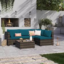 5 Piece Brown Wicker Patio Conversation Set Outdoor Sectional Sofa Set With Coffee Table And Lake Blue Cushions