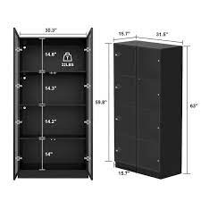 Black Wood Display Cabinet With Tempered Glass Doors And 3 Color Led L