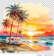 Watercolor Drawing Sunset Landscape By