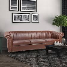 84 In W Rolled Arm Leather Straight Traditional 3 Seat Sofa In Brown