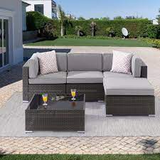 5 Piece Wicker Rattan Patio Conversation Sets All Weather Pe Sofa Set With Gray Cushions