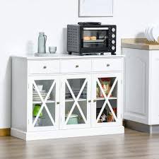 Homcom White Farmhouse Style Kitchen Sideboard Serving Buffet Storage Cabinet Cupboard With Glass Doors And 3 Drawers