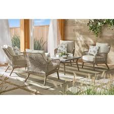 Hampton Bay Haymont 5 Piece Steel Wicker Outdoor Patio Conversation Deep Seating Set With Beige Cushions