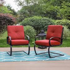 Black Metal Patio Outdoor Dining C Spring Lounge Chair With Red Cushion 2 Pack