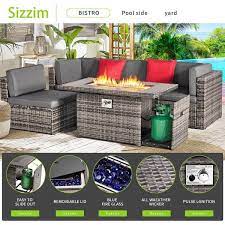 Sizzim 8 Piece Wicker Patio Set Conversation Set With 44 In Fire Pit Coffee Table Grey Cushion