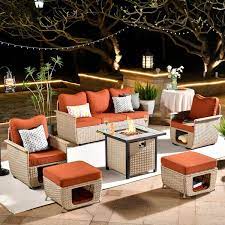 Hera 6 Piece Beige Wicker Outdoor Patio Fire Pit Seating Sofa Set With Orange Red Cushions
