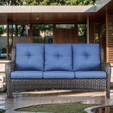 3 Seat Wicker Outdoor Patio Sofa Couch With Deep Seating And Cushions Suitable For Porch Deck Balcony Brown Blue