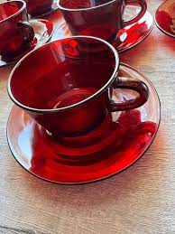 Set Of Seven Red Depression Glass Cup