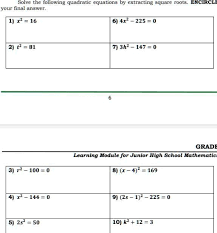 Solve The Following Quadratic Equations