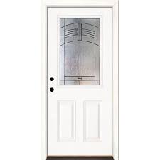 Feather River Doors 33 5 In X 81 625 In Rochester Patina 1 2 Lite Unfinished Smooth Right Hand Inswing Fiberglass Prehung Front Door Smooth White