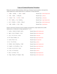 Chemical Reaction Worksheet Answers