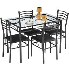 Vecelo 5 Pcs Dining Table Set Home Dining Table And 4 Chairs Set With Tempered Glass Tabletop Padded Seat 43 3 X27 5 X30 Black