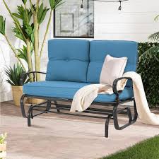 Suncrown 2 Person Metal Outdoor Patio Glider Rocking Bench Loveseat With Blue Cushion