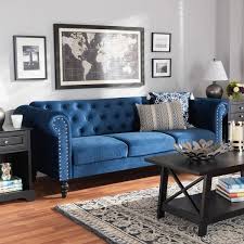 Baxton Studio Emma Traditional And Transitional Navy Blue Velvet Fabric Upholstered And On Tufted Chesterfield Sofa