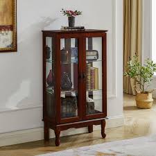 Cherry Lighted Corner Curio Cabinet With Adjustable Shelves And Mirrored Back Panel