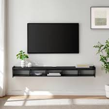 Welwick Designs 65 In Solid Black Wood Modern Floating Tv Stand With Divided Shelf Fits Tvs Up To 70 In