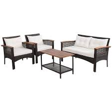 4 Pieces Patio Rattan Acacia Wood Furniture Set With Cushions And Armrest