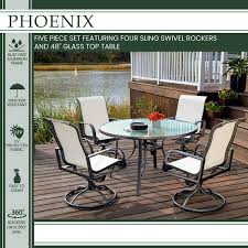 Phoenix 5 Piece Dining Set In White With 4 Sling Swivel Rockers And 48 In Round Glass Top Table