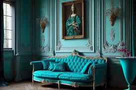 Turquoise Sofa And Paintings On Walls