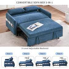 Loveseat 55 1 In Blue Microfiber Twin Size Sleep Sofa Bed Adjustable Backrest Storage Pockets And 2 Soft Pillows