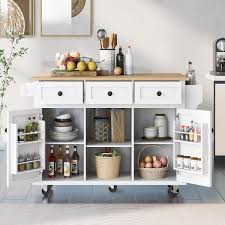White Wood 53 1 In Kitchen Island On 5 Wheels With Storage Cabinet And 3 Drawers For Dinning Room Lh 705