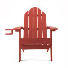 Miranda Red Foldable Recycled Plastic Outdoor Patio Adirondack Chair With Cup Holder For Garden Backyard Firepit Pool