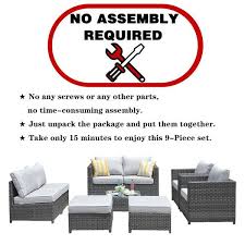 Ontario Lake Gray 9 Piece Wicker Outdoor Patio Conversation Seating Set With Grey Cushions