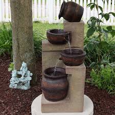 Sunnydaze Solar Power Water Fountain With Led Light 30 Inch Cascading Terra Bowls Brown
