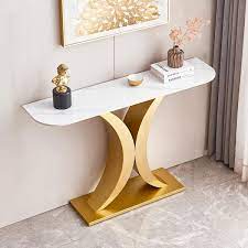 47 24 In Gold Rectangle Faux Marble Top Console Table Metal Frame Entryway Sofa Table With Adjustable Foot Pads