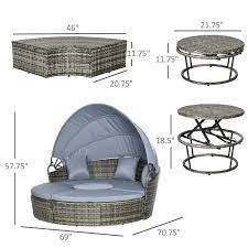 Outsunny 4pc Rattan Patio Furniture Set Round Convertible Daybed Or Sunbed Adjustable Sun Canopy Sectional Sofa 2 Chairs Extending Tea