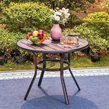 Phi Villa Black Slat Round Metal Patio Outdoor Dining Table With 1 57 In Umbrella Hole