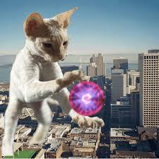 cat shoots laser beam eyes at city meme