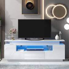 Stylish 67 In White Tv Stand With Cabints Drawer And Shelf Fits Tv S Up To 75 In With Color Changing Led Lights