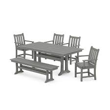 Polywood Traditional Garden 6 Piece Farmhouse Dining Set With Bench Slate Grey