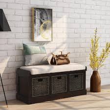 Harper Bright Designs Espresso Entryway Storage Bench With Removable Cushion And 3 Removable Classic Fabric Basket Espressp