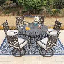 Phi Villa Brown 7 Piece Cast Aluminum Patio Outdoor Dining Set With Round Table And Swivel Chairs With Beige Cushion