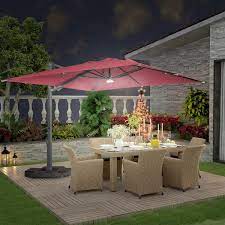 Mondawe 10 Ft X 13 Ft Aluminum Rectangular Cantilever Outdoor Patio Umbrella W Led Lights 360 Degree Rotation In Red W Base