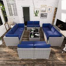 12 Piece Wicker Outdoor Patio Conversation Seating Sofa Set With Coffee Table Dark Blue Cushions