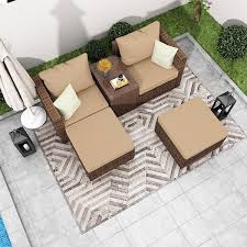 Brown 5 Pieces Wicker Outdoor Sectional Patio Conversation Set With Yellow Cushions And Tempered Glass Top Coffee Table