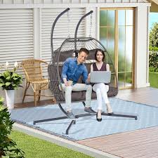 Modern 2 Person Swing Hanging Egg Rattan Chair Outdoor Patio Hammock With Dark Gray Cushions