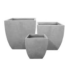 Kante Square Natural Finish Lightweight Concrete And Weather Resistant Fiberglass Planters Set Of 3