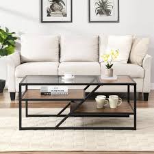 Urtr 43 In Black Rectangle Tempered Glass Coffee Table With 3 Tier Shelves And Metal Frame Cocktail Table For Living Room